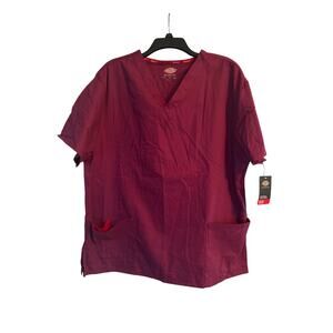 NWT Dickies Maroon Scrub Top Unisex Pockets V Neck Size XL